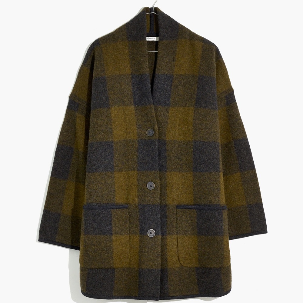 MADEWELL BUFFALO CHECK SWEATER COAT HEATHER JUNIPER GREEN BLACK PLAID XS